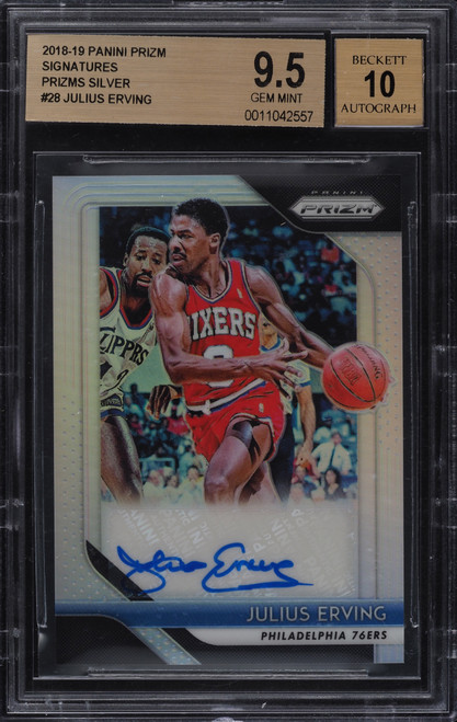 2018 Panini Prizm Signatures Silver Prizms Julius Erving AUTO #28 BGS 9.5 GEM MT (Cert 0011042557) front