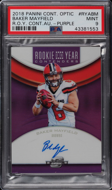 2018 Panini Contenders Optic ROY Purple Baker Mayfield ROOKIE AUTO /49 PSA 9