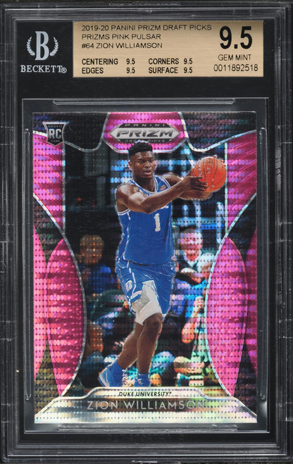 2019 Panini Prizm Draft Pink Pulsar Zion Williamson ROOKIE #64 BGS 9.5 GEM MINT (9.5/9.5/9.5/9.5) front