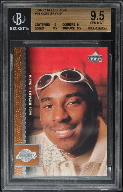 1996 Upper Deck Basketball Kobe Bryant ROOKIE #58 BGS 9.5 GEM MINT (10/9/9.5/9.5) front