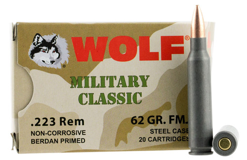 Wolf MC22362FMJ Military Classic  223 Rem/5.56 NATO 62 GR Full Metal Jacket (FMJ) 20 Bx/ 25 Cs Wolf MC22362FMJ Military Classic  223 Rem/5.56 NATO 62 GR Full Metal Jacket (FMJ) 20 Bx/ 25 Cs