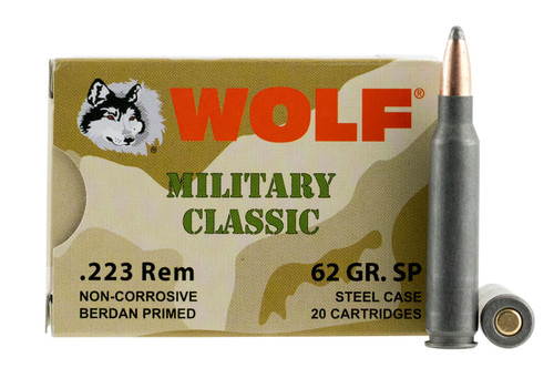 Wolf MC22362SP Military Classic  223 Rem/5.56 NATO 62 GR Soft Point (SP) 20 Bx/ 25 Cs Wolf MC22362SP Military Classic  223 Rem/5.56 NATO 62 GR Soft Point (SP) 20 Bx/ 25 Cs
