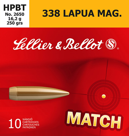 Sellier & Bellot SB338LMA Rifle  338 Lapua Mag 250 GR Hollow Point Boat Tail (HPBT) 10 Bx/ 10 Cs