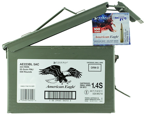 Federal AE223BL5AC American Eagle  223 Rem/5.56NATO 55 GR Full Metal Jacket (FMJ) 500 Bx/ 1 Cs Federal AE223BL5AC American Eagle  223 Rem/5.56NATO 55 GR Full Metal Jacket (FMJ) 500 Bx/ 1 Cs