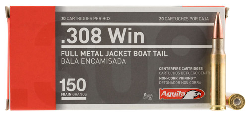 Aguila 1E308110 Rifle  308 Win/7.62 NATO 150 GR Full Metal Jacket Boat Tail (FMJBT) 20 Bx/ 25 Cs