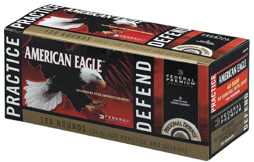 Federal PAE40180 American Eagle Pratice and Defend Combo 40 S&W 180 GR FMJ/JHP 120 Bx/ 4 Cs
