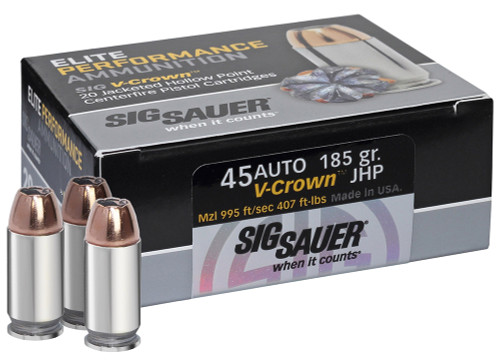 Sig Sauer E45AP020 Elite V-Crown  45 ACP 185 GR Jacketed Hollow Point (JHP) 20 Bx/ 10 Cs