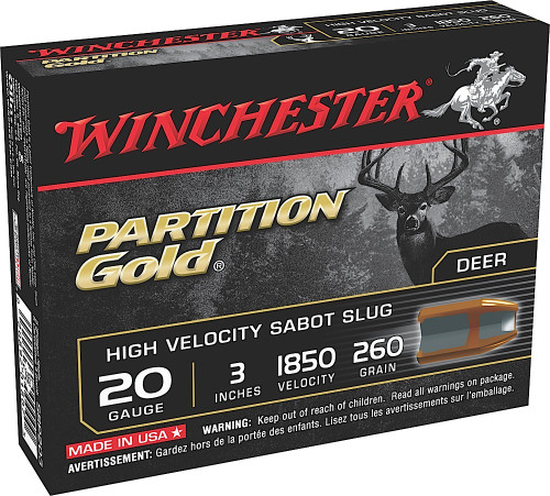 Winchester Ammo SSP203 Partition Gold High Velocity Sabot Slug 20 Gauge 3 260 GR 5 Bx/ 20 Cs