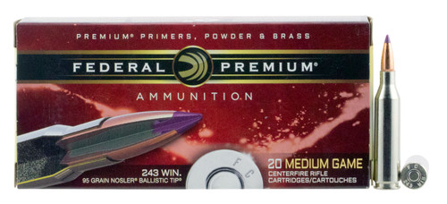 Federal P243J Premium  243 Winchester 95 GR Nosler Ballistic Tip (NBT) 20 Bx/ 10 Cs