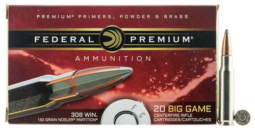 Federal P308S Premium  308 Win/7.62 NATO 150 GR Nosler Partition (NP) 20 Bx/ 10 Cs