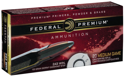 Federal P243C Premium  243 Winchester 100 GR Sierra GameKing Boat-Tail Soft Point (BTS) 20 Bx/ 10 Cs
