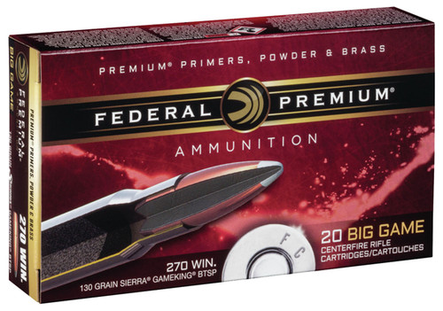 Federal P270D Premium  270 Winchester 130 GR Sierra GameKing Boat-Tail Soft Point (BTS) 20 Bx/ 10 Cs