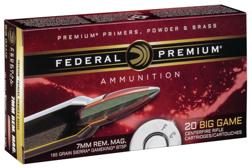 Federal P7RE Premium  7mm Rem Mag 165 GR Sierra GameKing Boat-Tail Soft Point (BTS) 20 Bx/ 10 Cs