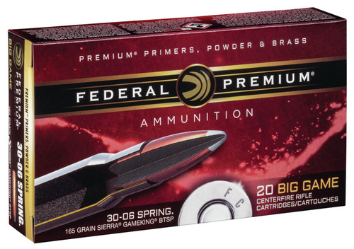 Federal P3006D Premium  30-06 Springfield 165 GR Sierra GameKing Boat-Tail Soft Point (BTS) 20 Bx/ 10 Cs