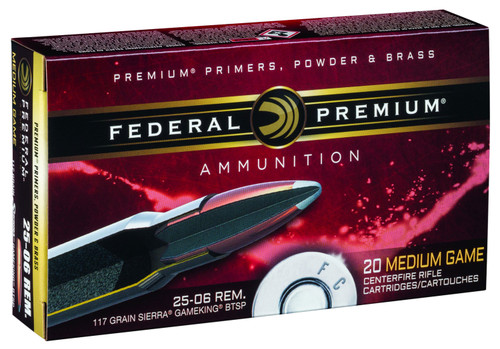 Federal P2506C Premium  25-06 Remington 117 GR Sierra GameKing Boat-Tail Soft Point (BTS) 20 Bx/ 10 Cs
