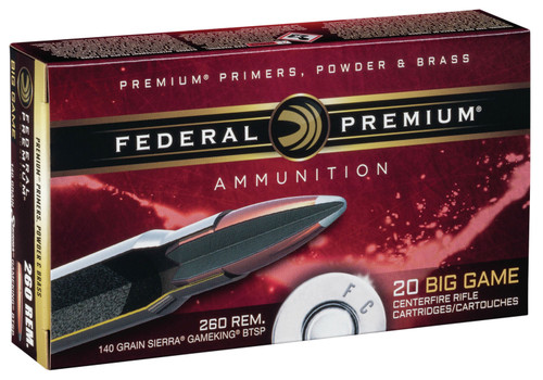 Federal P260A Premium  260 Remington 140 GR Sierra GameKing Boat-Tail Soft Point (BTS) 20 Bx/ 10 Cs