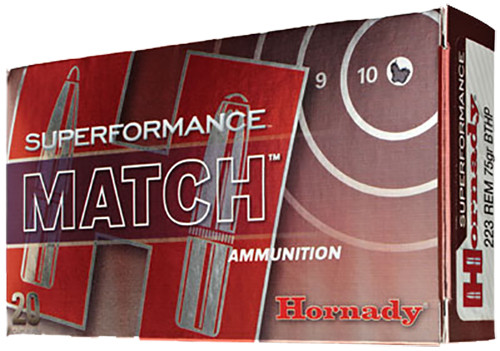 Hornady 80264 Superformance Match  223 Remington 75 GR Boat Tail Hollow Point Match 20 Bx/ 10 Cs