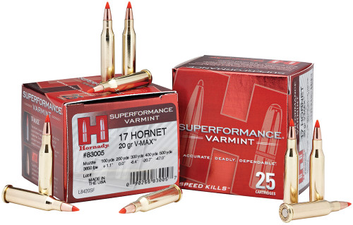 Hornady 83005 Superformance Varmint 17 Hornet 20 GR V-Max 25 Bx/ 10 Cs
