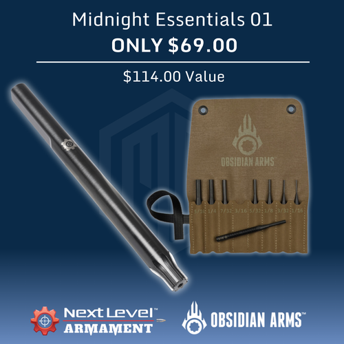 Midnight Essentials 01 box featuring AR15 upper action rod and drive pin punch set