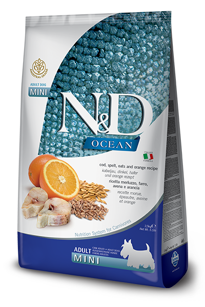 Farmina - N&D OCEAN Ancestral Grains - Codfish, Spelt, Oats & Orange   Adult Mini Dry Dog Food