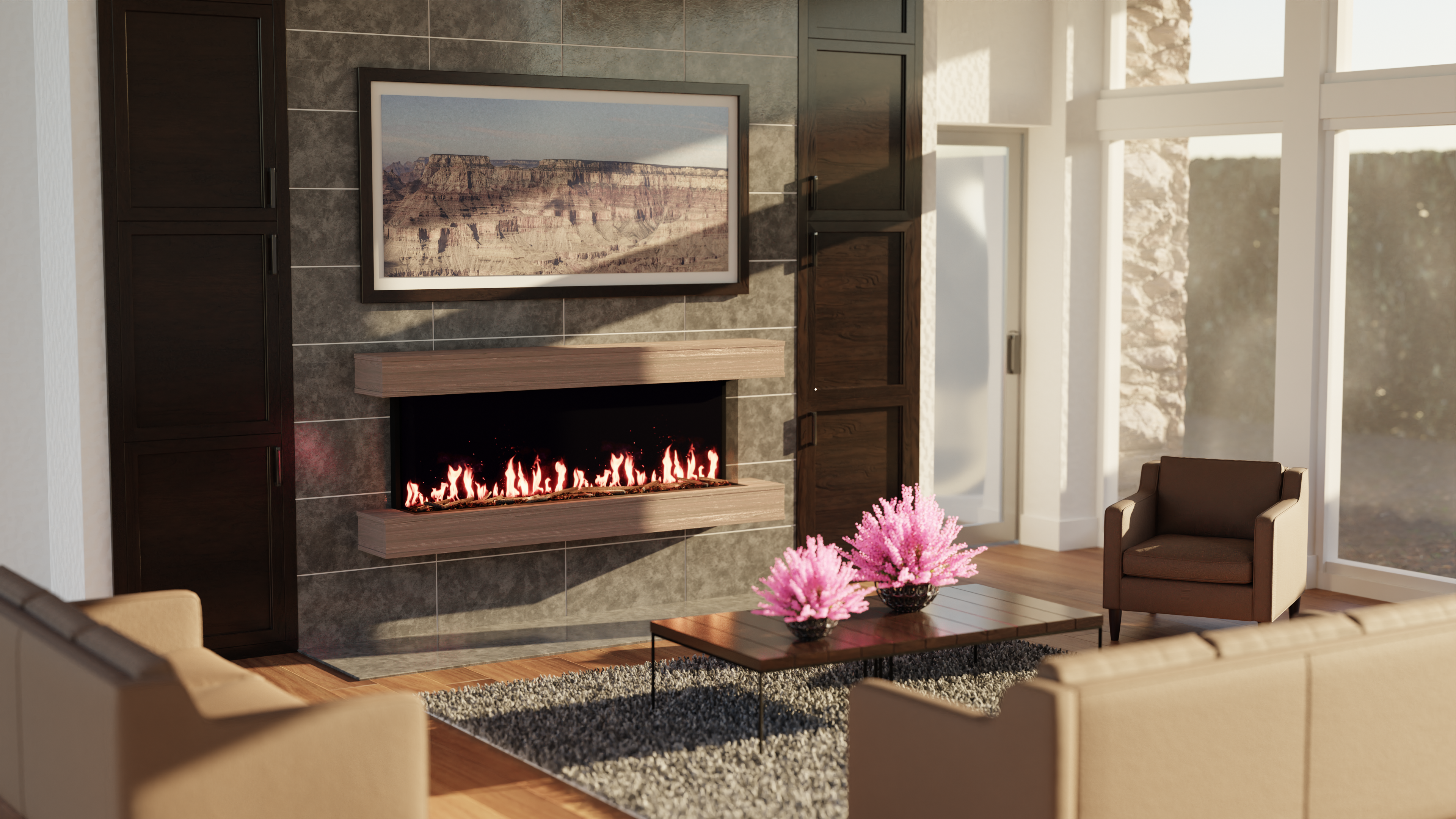 Orion Multi Studio Suites wall mount mantel package installed in a living room
