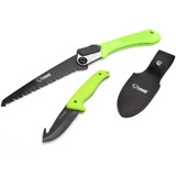 Hunting Made Easy Folding Saw and Fixed Blade Gut Hook Combo 420HC Black Blade Green TPR Rubber Handle Nylon Sheath [FC-888151018576]