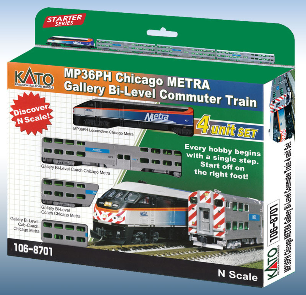 Kato 106-8701-1 N MP36PH Chicago METRA Gallery Bi-Level Commuter Train Set With Lighted Interiors