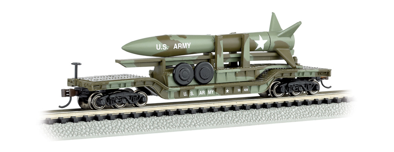 Bachmann 71396 52' Center-Depressed Flat Car Olive Drab Military w/ Missile