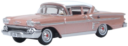 Oxford Diecast 87CI58001 Ho 1958 Chevrolet Impala Sport Coupe Cay Coral and White