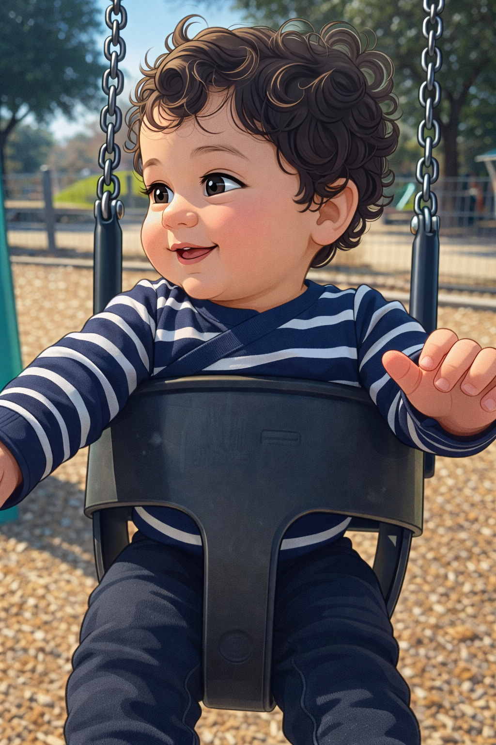 Ibrahim swinging at Children's Alliance Garden in Butler Park