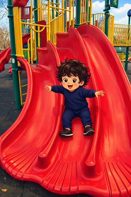 Ibrahim going down the slide at Des Peres Park