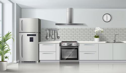 Modern kitchen interior with stainless steel appliances, white cabinets and minimalist decor
