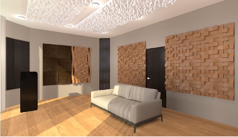 Computer Rendered Room Drawing with acoustic treatment