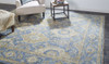 2' x 3' Blue Gold and Tan Wool Floral Hand Knotted Stain Resistant Area Rug with Fringe