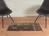 2' x 3' Ivory Brown and Blue Wool Floral Hand Knotted Distressed Area Rug with Fringe