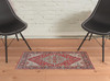 2' x 3' Red Gray and Ivory Wool Floral Hand Knotted Distressed Area Rug with Fringe