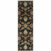 2' x 8' Black Red Green Ivory Salmon and Yellow Floral Power Loom Runner Rug