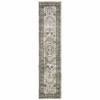 2' x 8' Ivory Grey Black and Ivory Oriental Power Loom Stain Resistant Runner Rug