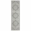 2' x 8' Grey and White Oriental Power Loom Stain Resistant Runner Rug