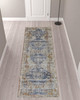 3' x 10' Ivory Orange and Blue Floral Power Loom Distressed Runner Rug with Fringe