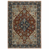 3' x 5' Blue Beige Tan Brown Gold and Rust Red Oriental Power Loom Area Rug with Fringe