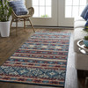 3' x 8' Blue Red and Ivory Geometric Power Loom Distressed Stain Resistant Runner Rug