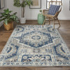 4' x 6' Blue and Ivory Abstract Power Loom Distressed Stain Resistant Area Rug