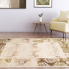 4' x 6' Beige Damask Power Loom Distressed Stain Resistant Area Rug