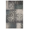 4' x 6' Teal and Gray Damask Distressed Stain Resistant Area Rug