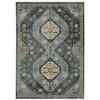 5' x 8' Blue Gold Ivory and Navy Oriental Power Loom Stain Resistant Area Rug with Fringe