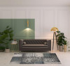 5' x 8' Teal and Gray Damask Distressed Stain Resistant Area Rug