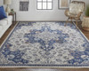 8' x 11' Gray Ivory and Blue Floral Power Loom Distressed Stain Resistant Area Rug