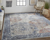 8' x 11' Blue Ivory and Red Floral Power Loom Distressed Stain Resistant Area Rug