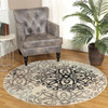 5' Round Tan Gray and Black Round Floral Medallion Stain Resistant Area Rug